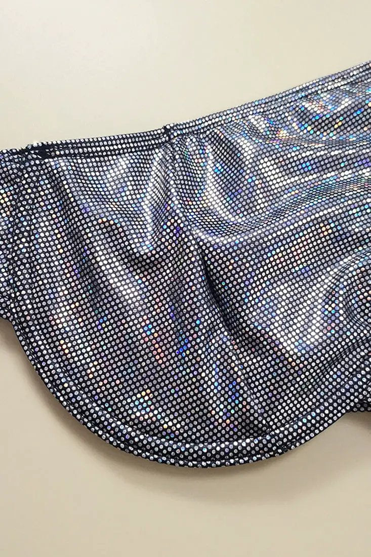 Silver Holographic Underwire Chain One Shoulder Ultra Cheeky 2Pc Swimsuit