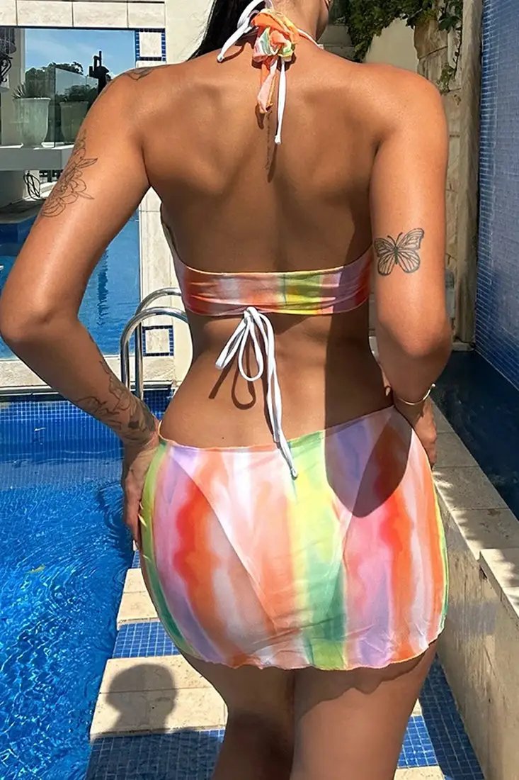 Orange Tie-Dye Cover-Up Dress White Bikini 3Pc Swimsuit Set