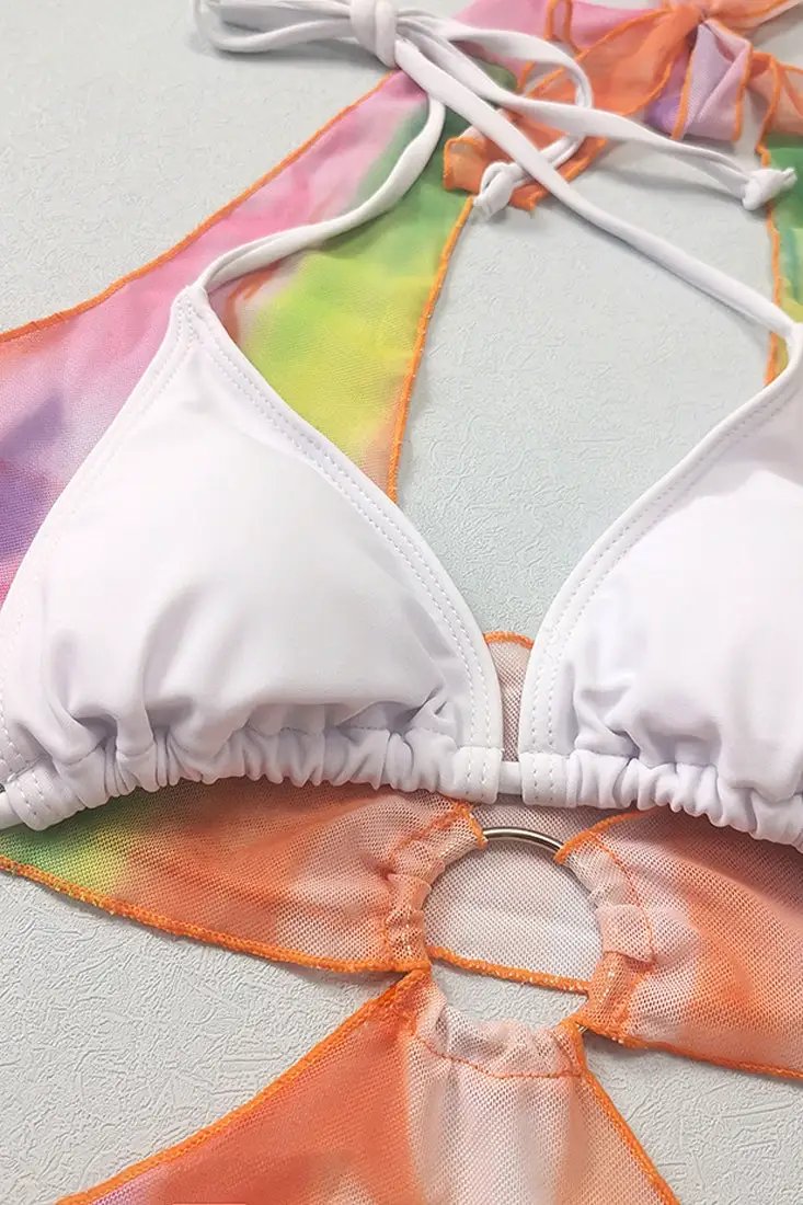 Orange Tie-Dye Cover-Up Dress White Bikini 3Pc Swimsuit Set