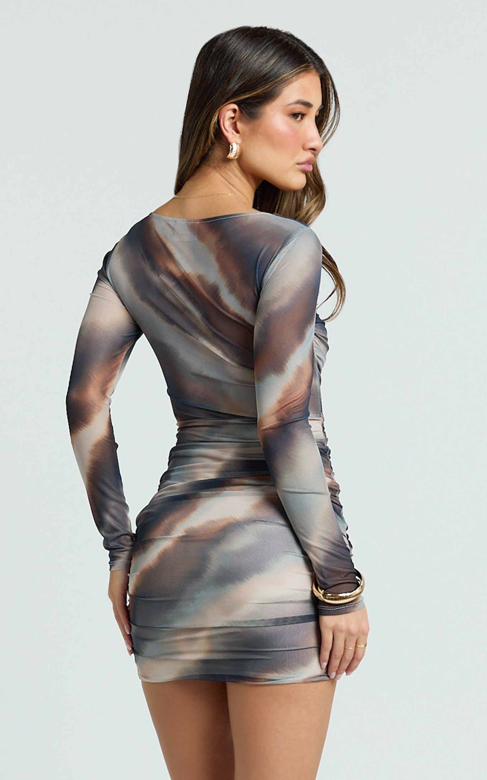 Zita Mini Dress - High Neck Long Sleeve Bodycon Mesh Dress in Neutral Stripe