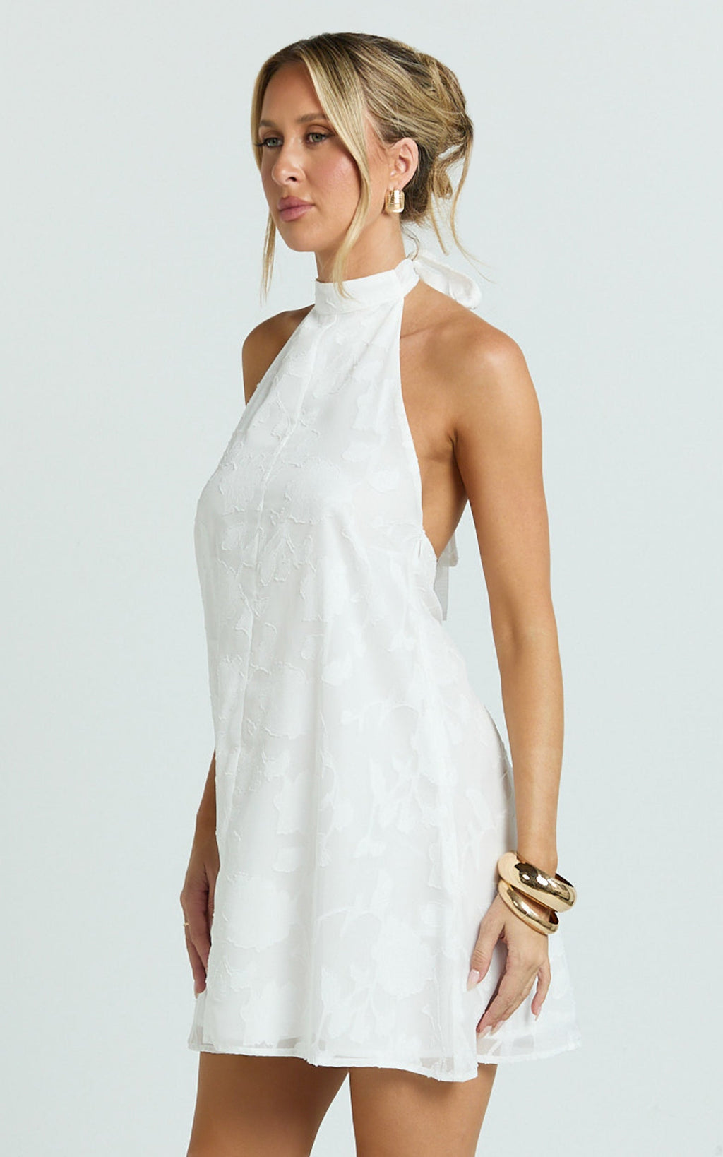 Ziva Mini Dress - Jacquard Halter A Line Dress in White