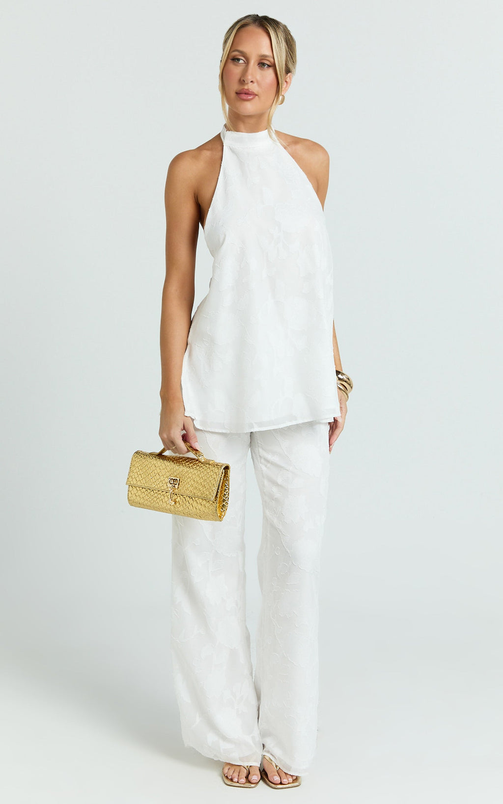 Ziva Two Piece Top and Pants Set - Halter Backless Top And Pants in White