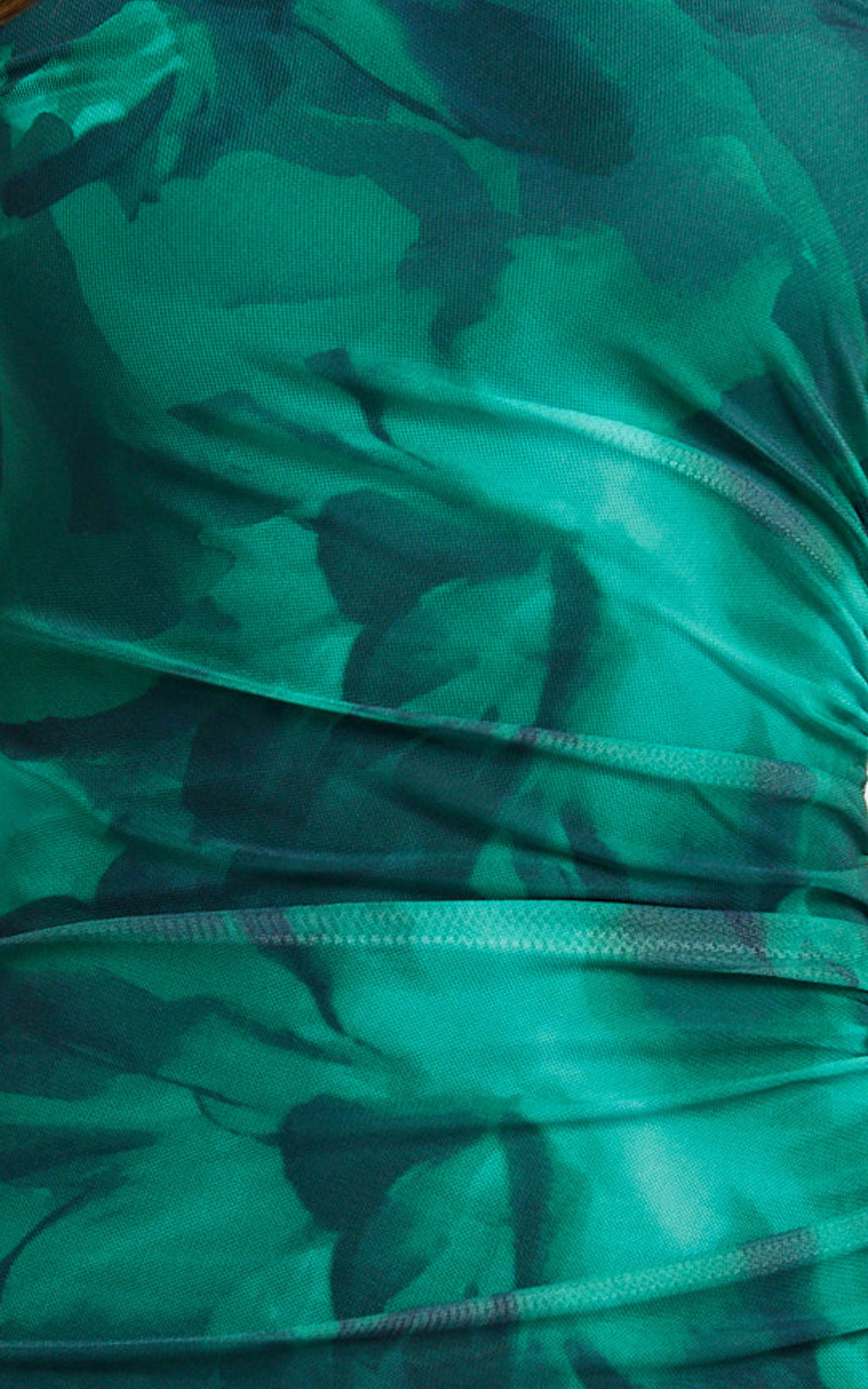 Zyra Midi Dress - High Neck Long Sleeve Mesh Dress in Green Blurred Print