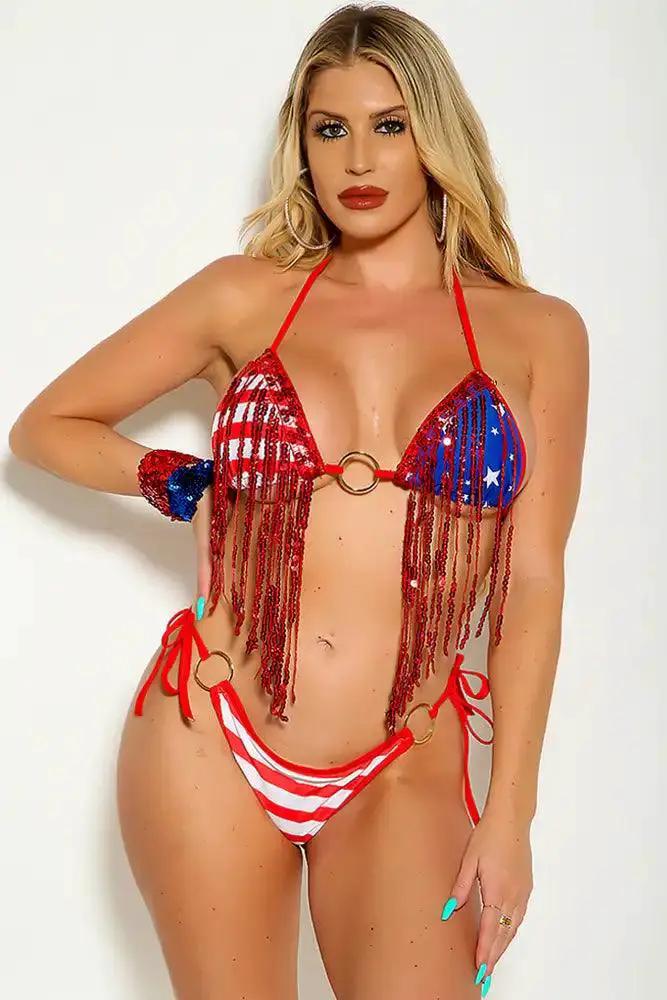 American Flag Print Red Fringe Sequin O-Ring Two Piece Swimsuit