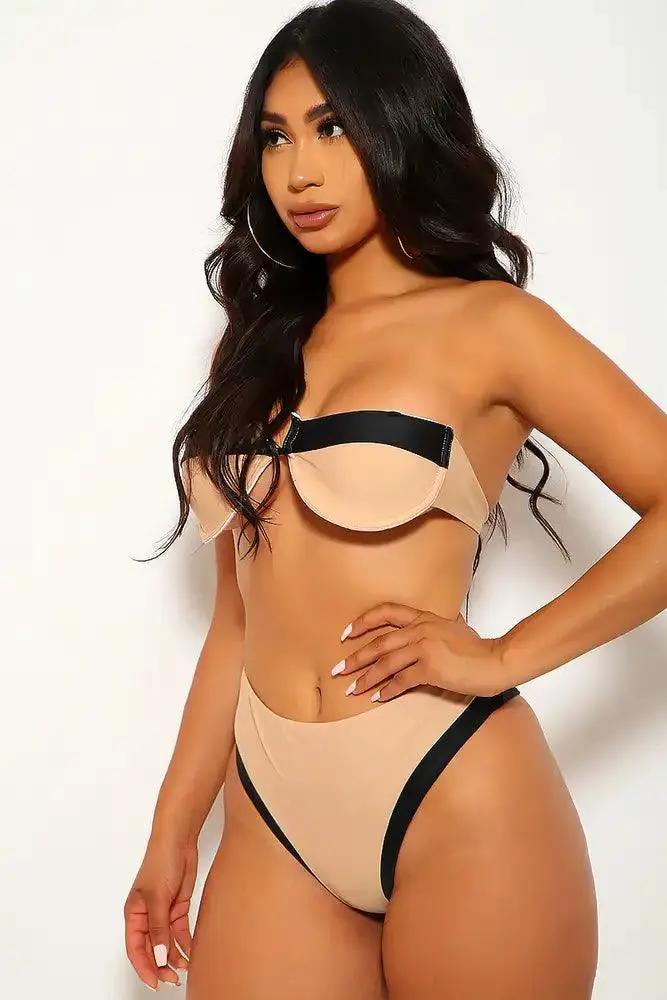 Beige Black Wire Two Piece Swimsuit