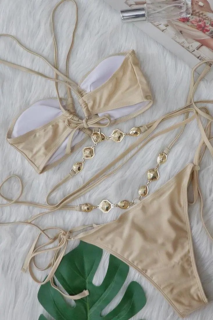 Beige Rhinestones Strappy Bandeau Halter Cheeky 2Pc Swimsuit Bikini