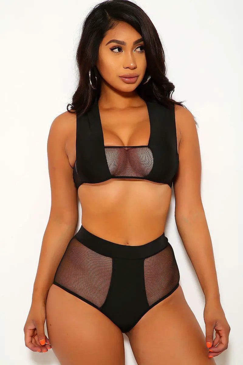 Black Mesh High Waist Two Piece Swimsuit