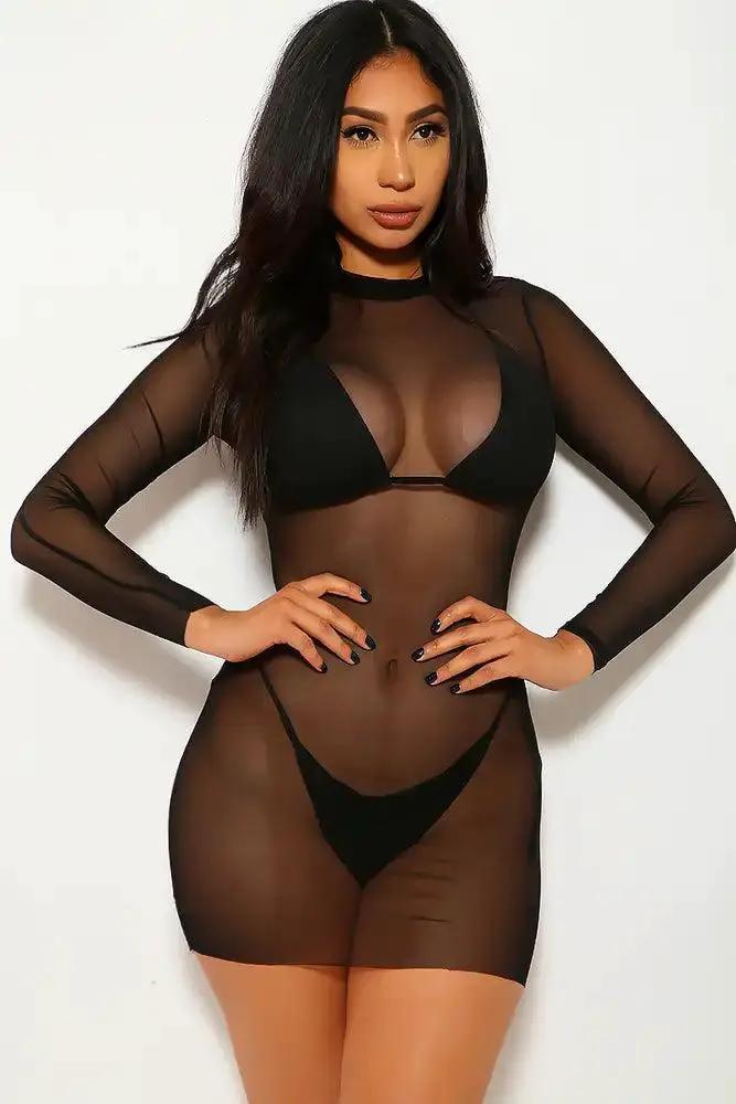 Black Mesh Three Piece Swimsuit Set
