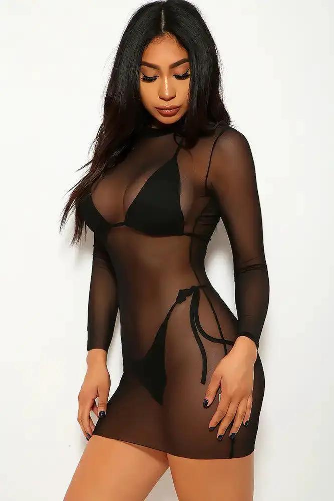 Black Mesh Three Piece Swimsuit Set
