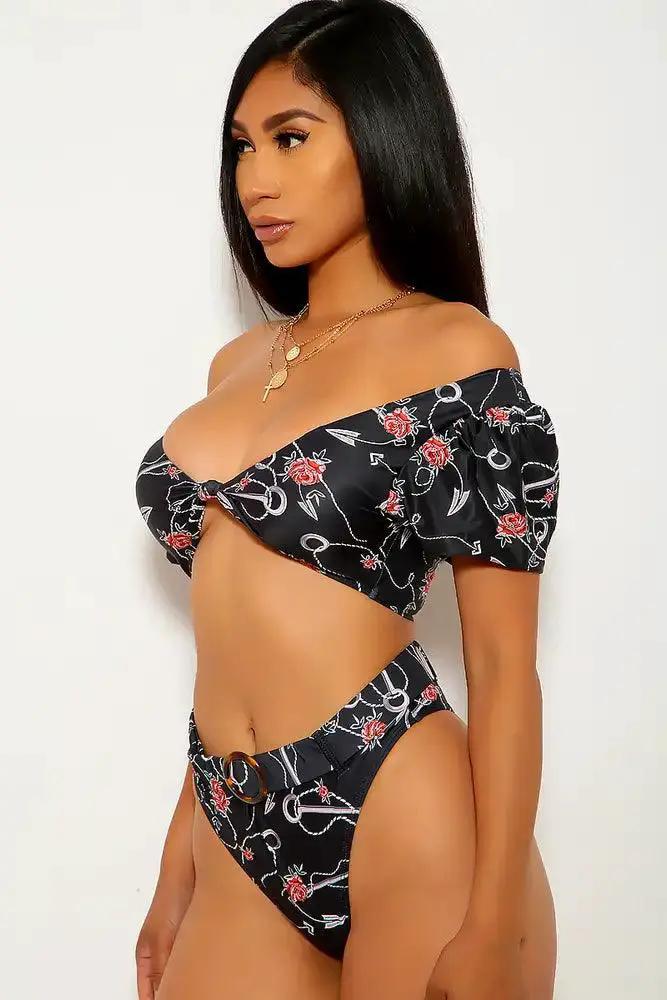 Black Rose Print Two Piece Swimsuit