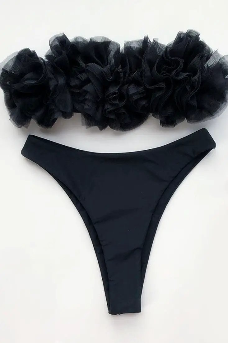 Black Ruffle Mesh Bandeau & High Waisted Bottom 2 Pc Swimsuit