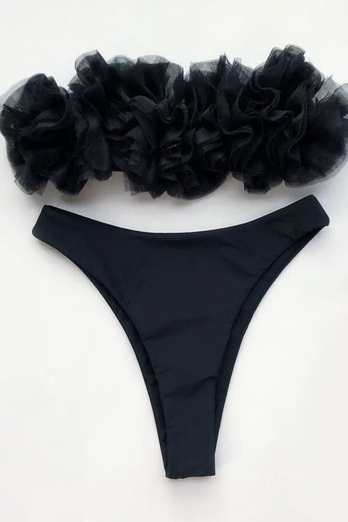 Black Ruffle Mesh Bandeau & High Waisted Bottom 2 Pc Swimsuit
