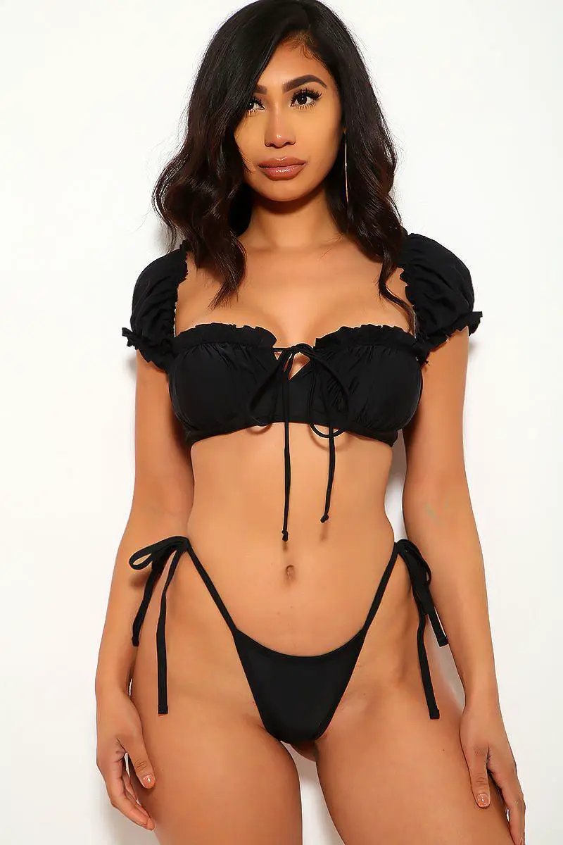 Black Short Sleeve Ruffled Two Piece Swimsuit