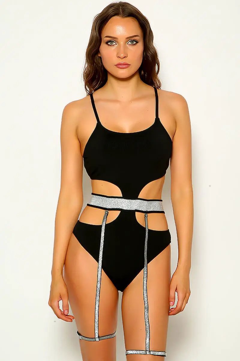 Black Silver Shimmery Cut Out Sexy One Piece Swimsuit