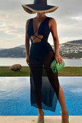 Black Strappy Mesh Two Piece Monokini Coverup Sexy Swimsuit Set