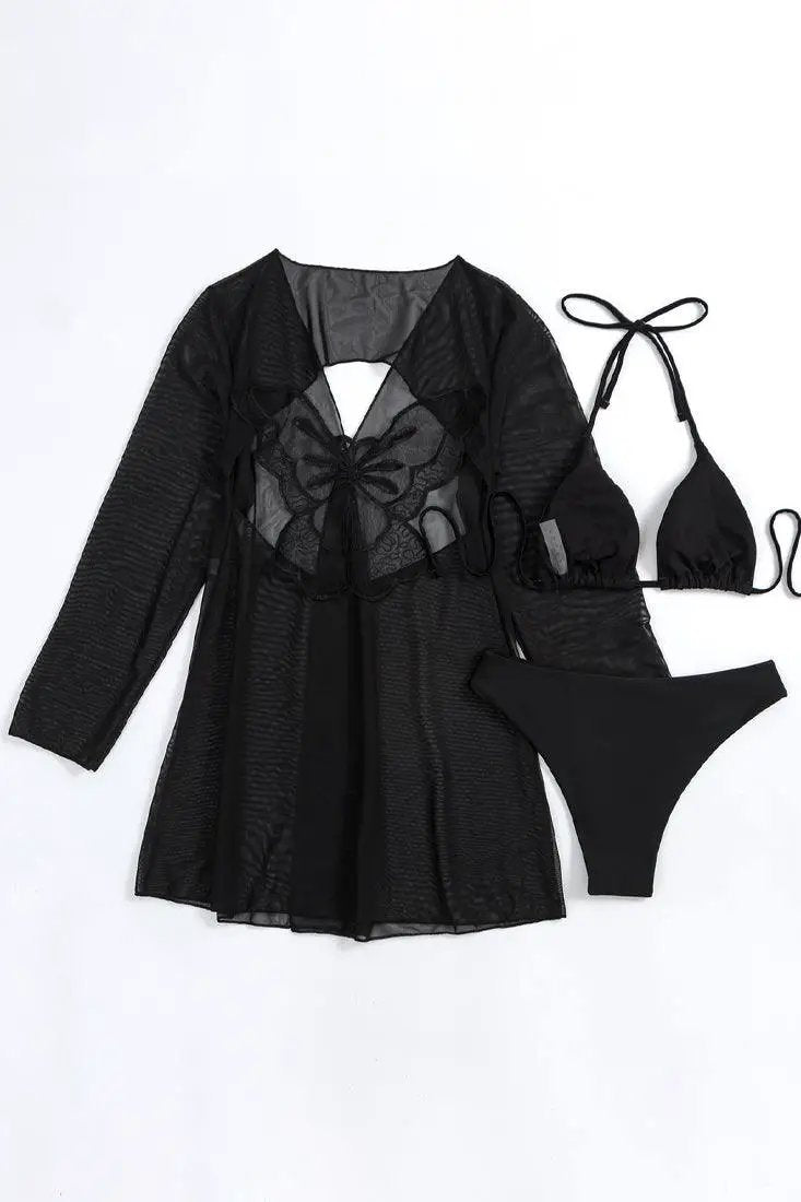 Black Triangle Cheeky Butterfly Cut Out Kimono Cover-Up 3 Pc Sexy Swimsuit Set