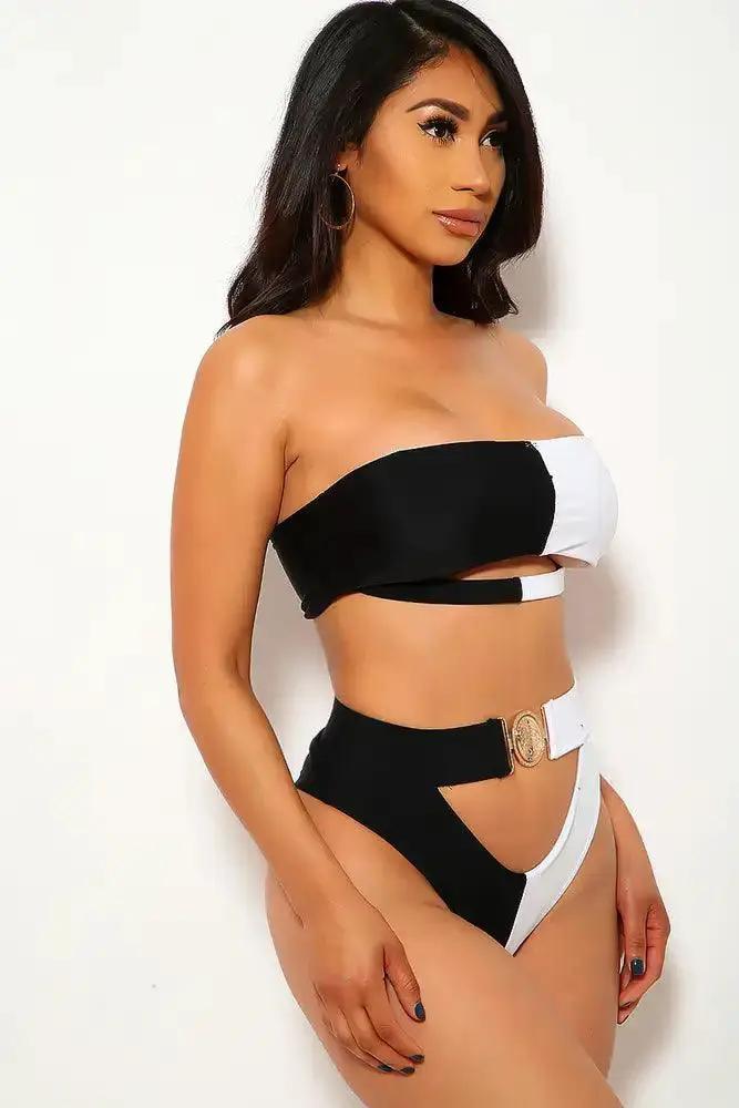 Black White Cut Out Padded Two Piece Swimsuit