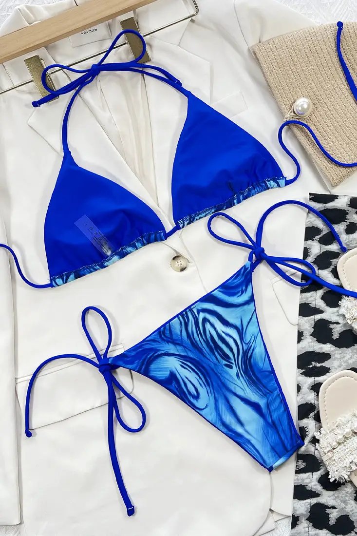 Blue Printed Triangle Cheeky 2pc Swimsuit Sexy Bikini