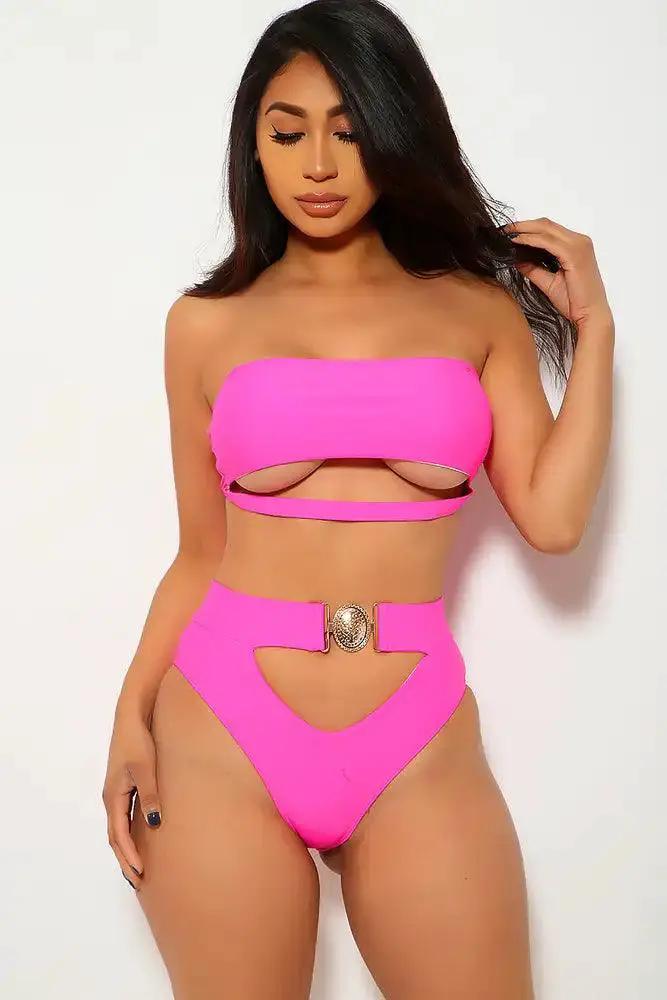 Fuchsia Cut Out Padded Two Piece Swimsuit
