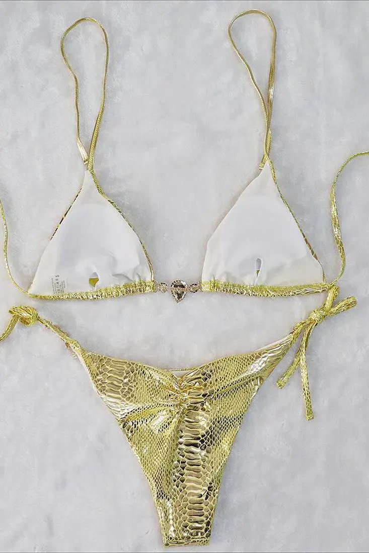 Gold Snake Rhinestone Strappy Halter Cheeky 2 Pc Swimsuit