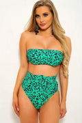 Green Leopard Print Strapless Two Piece Swimsuit