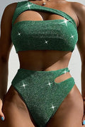 Green Shimmer Sparkly One Shoulder Cut Out High Waist Cheeky 2Pc Swimsuit