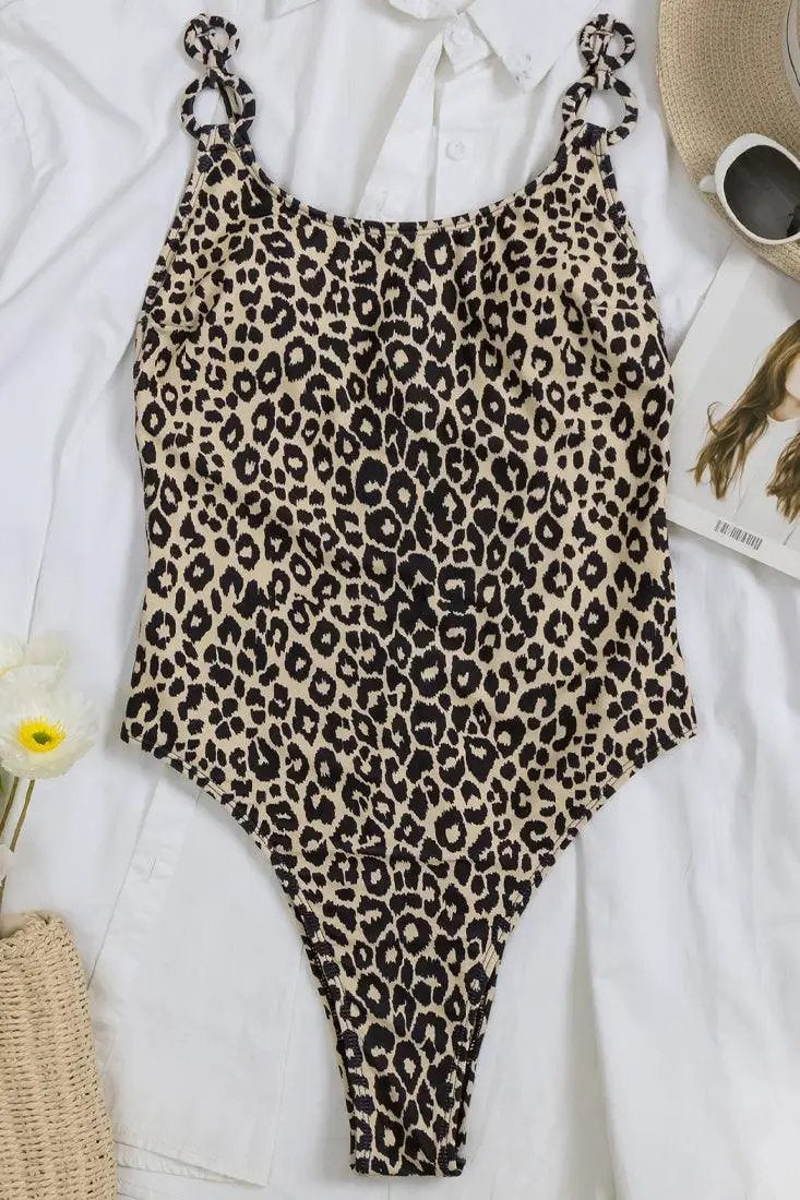 Leopard Print Multi Ring Decor V-Cut Backless Strappy 1 Pc Sexy Swimsuit Monokini