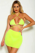 Lime Halter Triangle Skirt Cover Up Three Piece Swimsuit