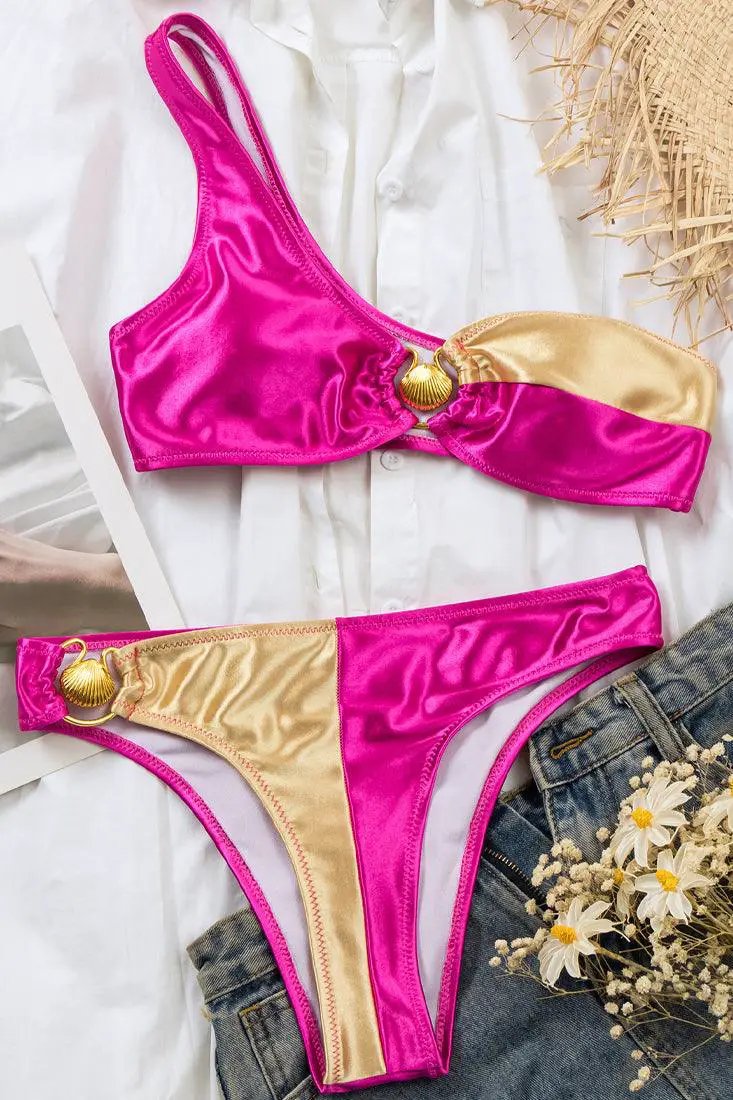 Metallic Pink Gold Sea Shell One Shoulder Cheeky 2 Pc Sexy Swimsuit Bikini Set