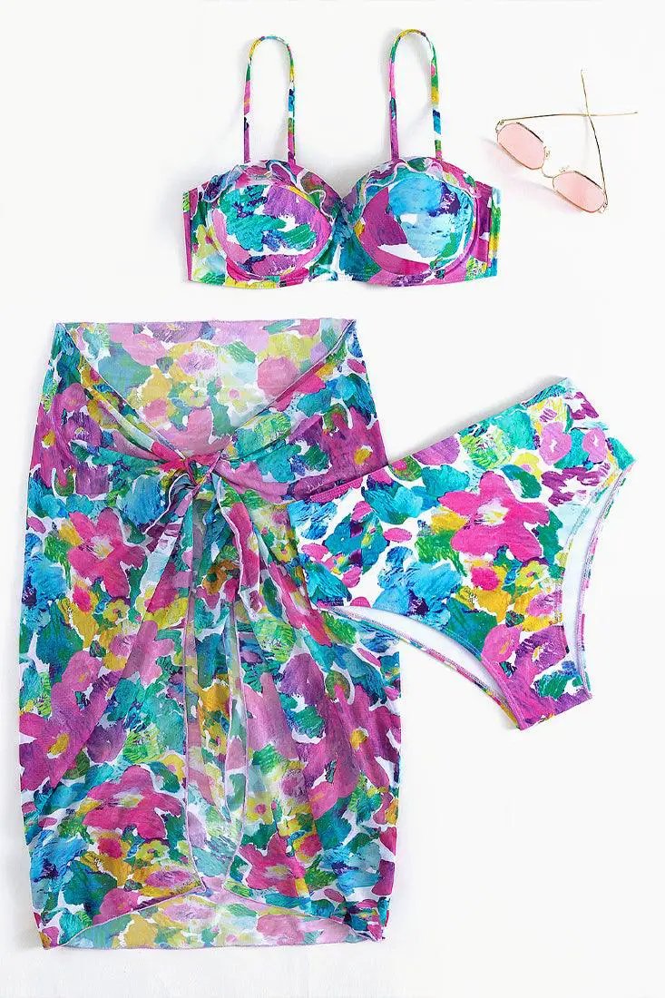 Multi Tie Dye Print Padded Push Up Three Piece Sexy Swimsuit Cover Up