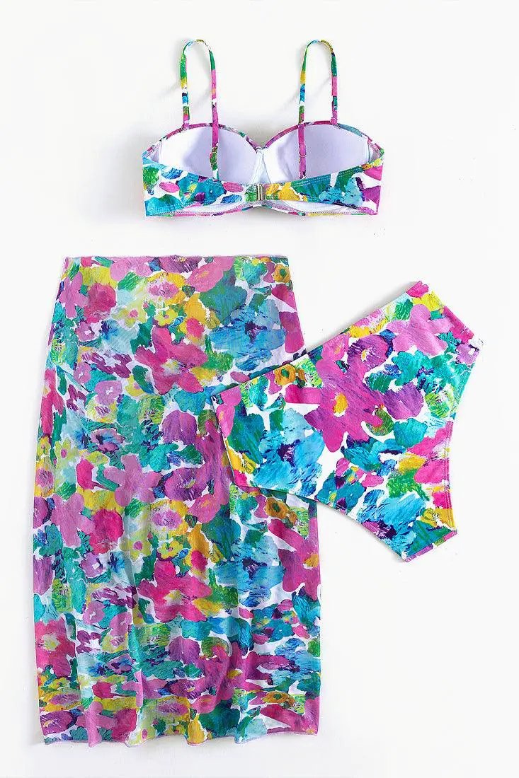 Multi Tie Dye Print Padded Push Up Three Piece Sexy Swimsuit Cover Up