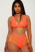 Neon Orange Mesh High Waist Two Piece Swimsuit