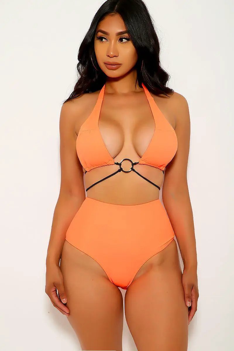 Neon Orange O-Ring Strappy Two Piece Swimsuit