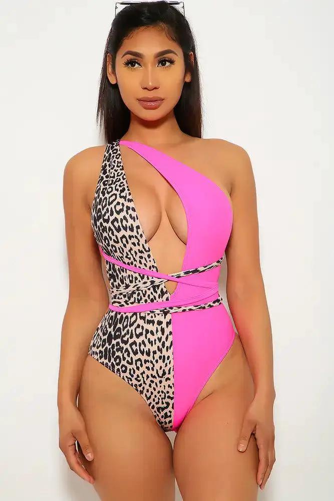 Neon Pink Leopard Print One Piece Monokini