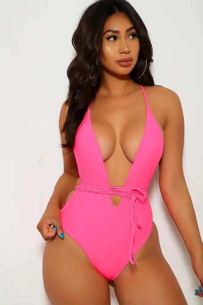 Neon Pink V-Cut Braided One Piece Swimsuit