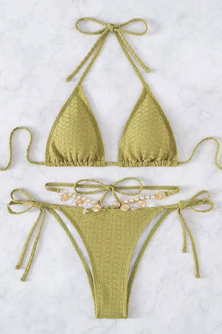 Olive Faux Pearl Triangle Strappy Halter 2 Pc Bikini Set