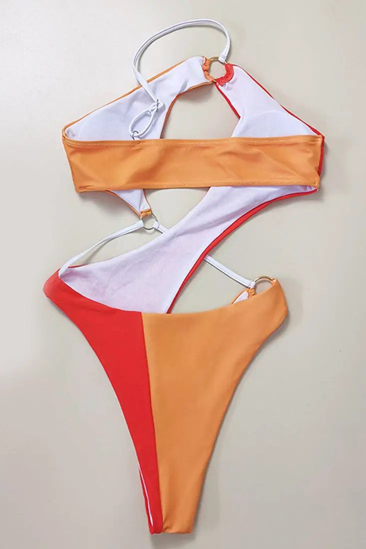 Orange One Shoulder Ring Linked Hollow Out Monokini
