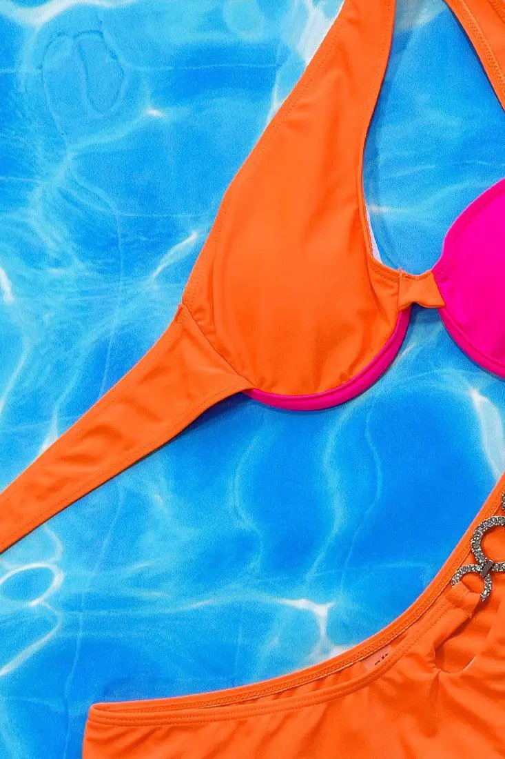 Orange Pink One Shoulder Rhinestone Ring 2 Pc Swimsuit
