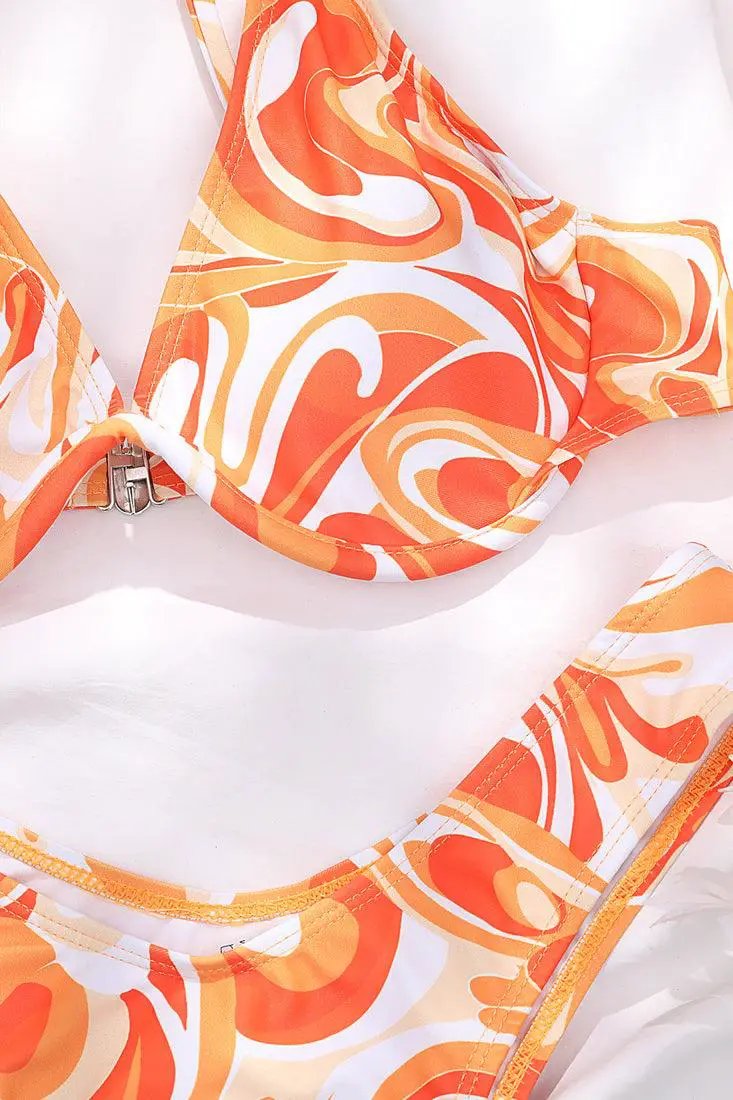 Orange White U Underwire Printed Sexy Two Piece Swimsuit
