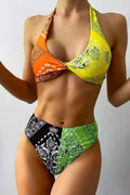 Orange Yellow Bandana Print Halter High Waist 2 Pc Swimsuit
