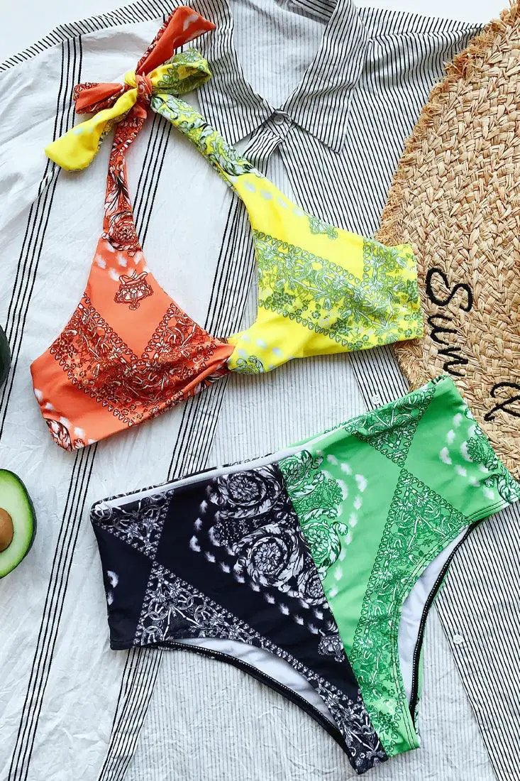Orange Yellow Bandana Print Halter High Waist 2 Pc Swimsuit