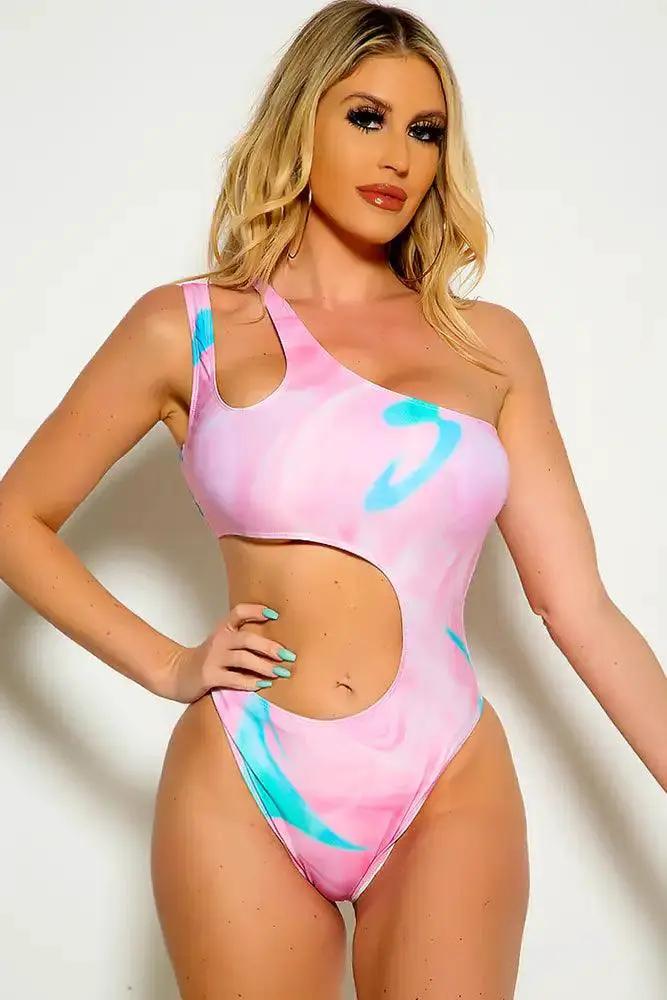 Pink Blue One Shoulder Cut Out One Piece Swimsuit