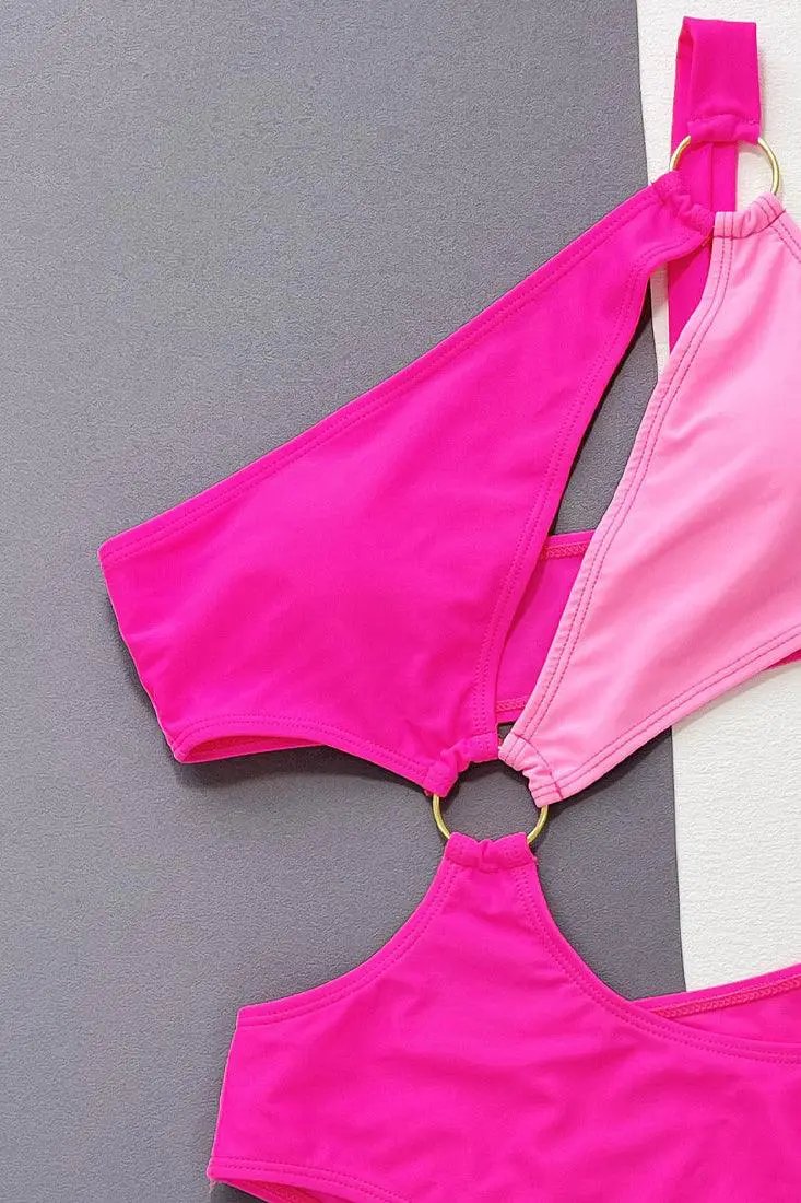 Pink Color Block One Shoulder Ring 1pc Cut Out Monokini Swimsuit