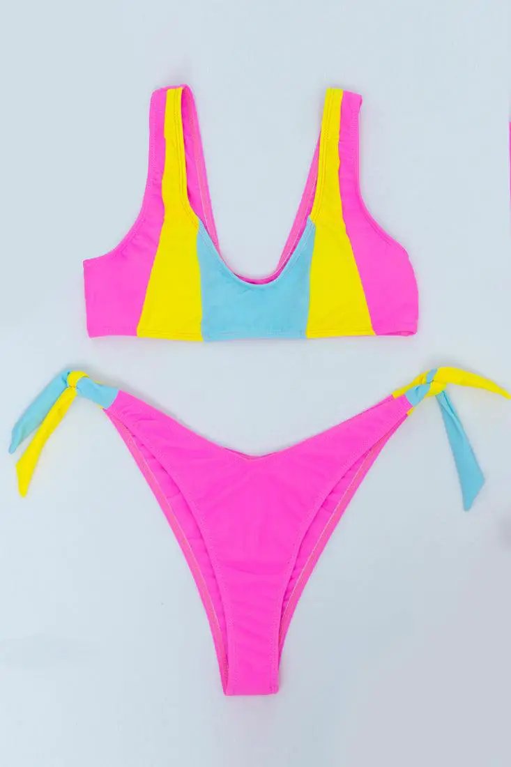 Pink Color Block Scooped Thick Straps 2 Pc Bikini Set