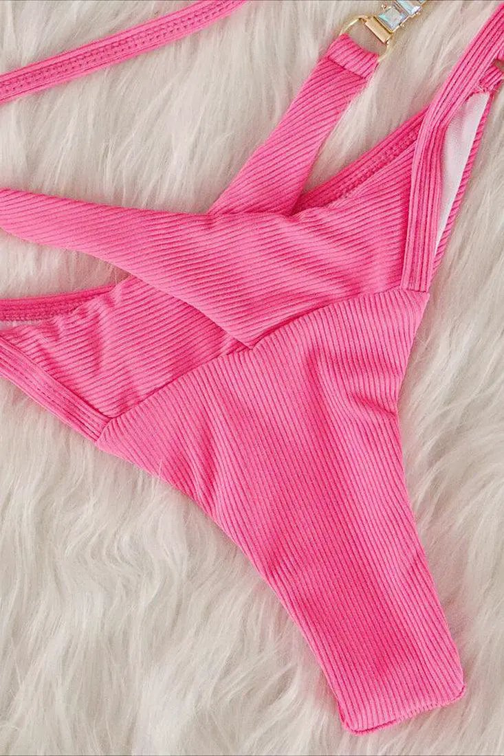 Pink Designer Rhinestone Buckle One Shoulder Cut-Out Cheeky 2Pc Swimsuit Bikini