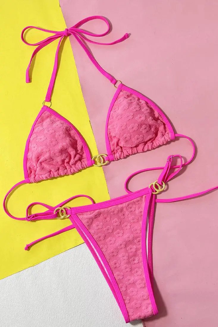 Pink Flower Terry Cloth Designer Buckle Ultra Cheeky 2Pc Bikini Swimsuit