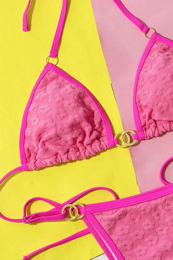 Pink Flower Terry Cloth Designer Buckle Ultra Cheeky 2Pc Bikini Swimsuit
