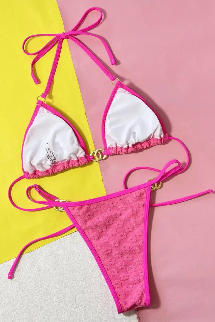 Pink Flower Terry Cloth Designer Buckle Ultra Cheeky 2Pc Bikini Swimsuit