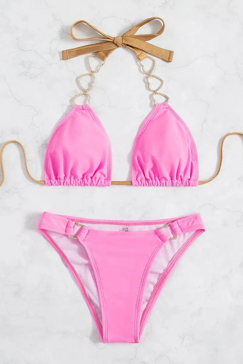 Pink Gold Rhinestone Hearts Sexy Two Piece Swimsuit