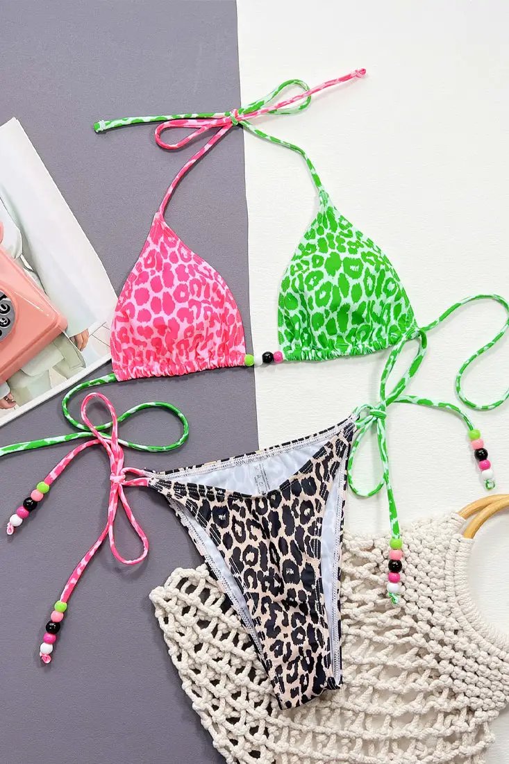 Pink Green Beige Leopard Print Beads Cheeky 2pc Swimsuit Bikini